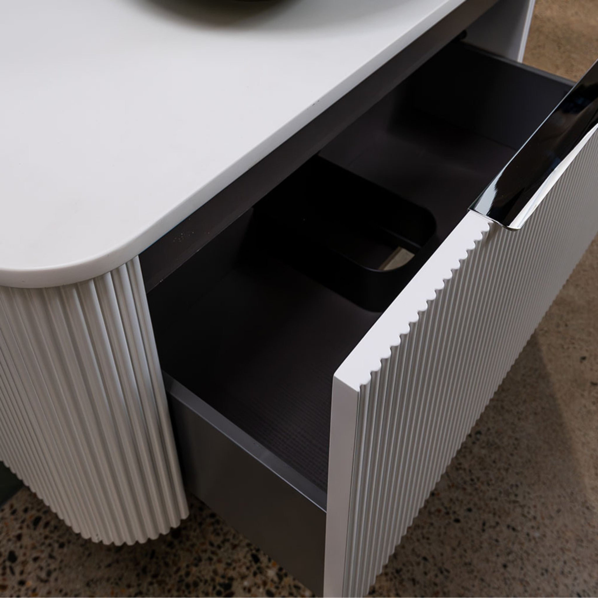 FIENZA MINKA SATIN WHITE FLUTED 750MM CURVE SINGLE BOWL WALL HUNG VANITY