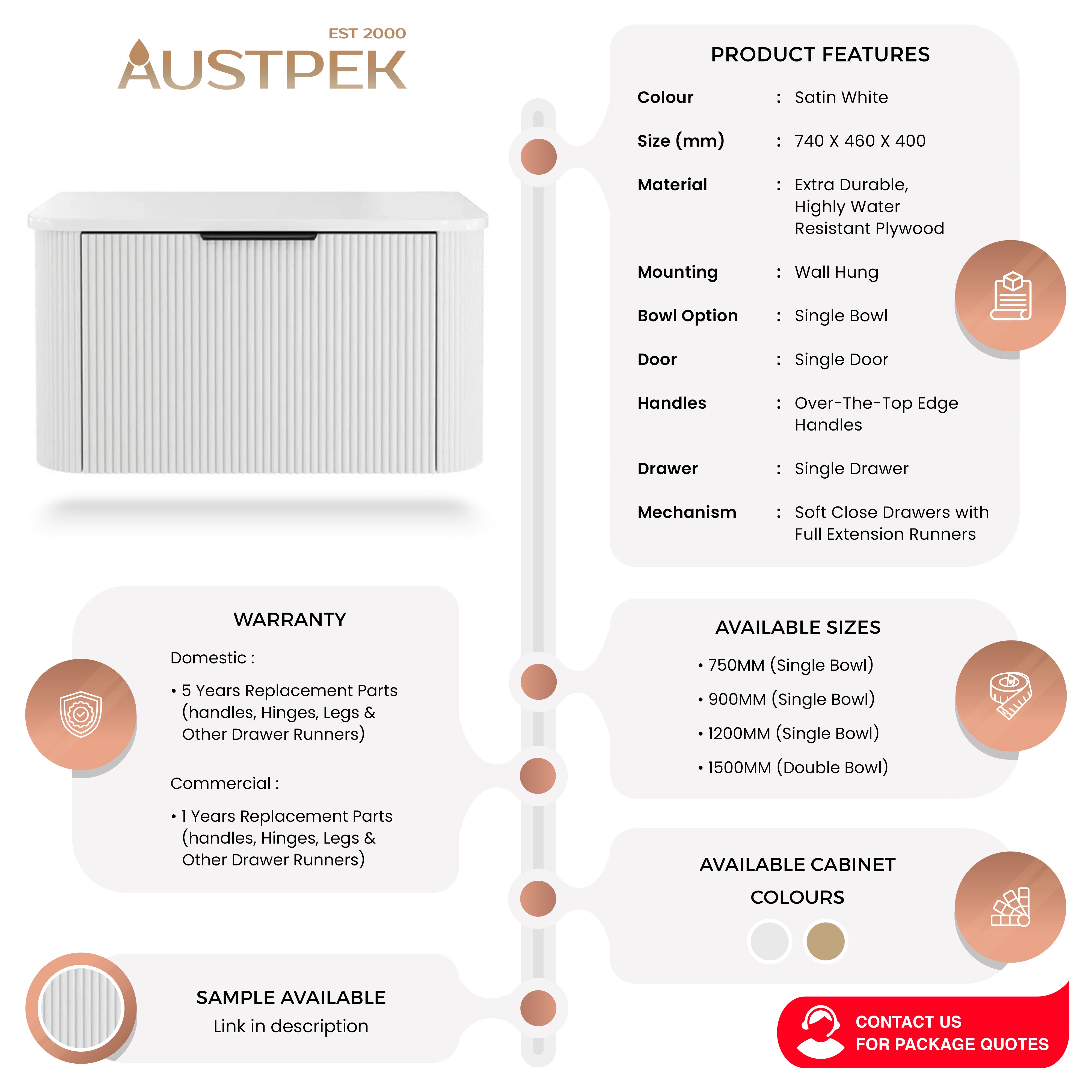 FIENZA MINKA SATIN WHITE 750MM SINGLE BOWL WALL HUNG VANITY