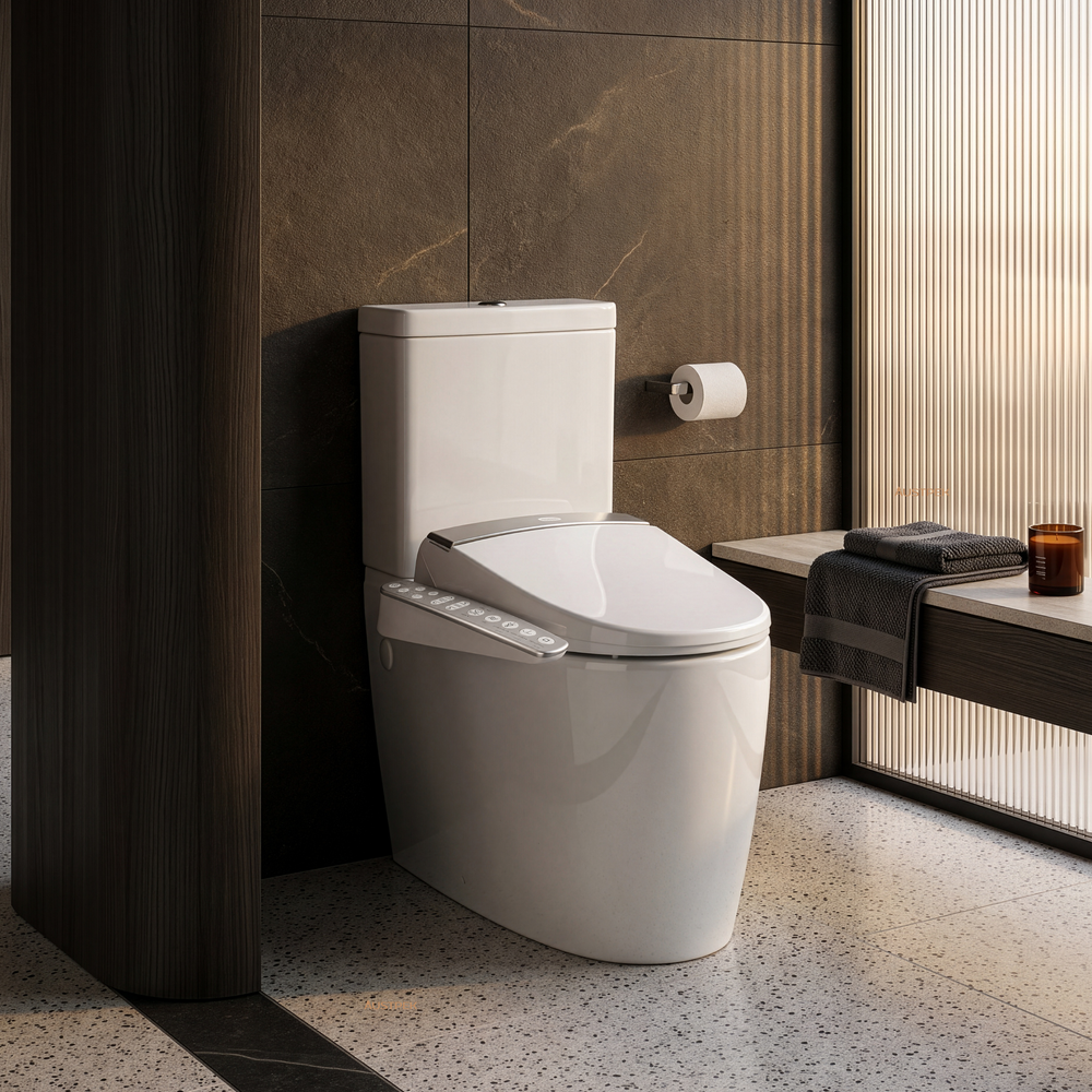 KOHLER GRANDE RIMLESS BACK TO WALL TOILET AND ENGLEFIELD ELECTRONIC BIDET SEAT W/ SIDE CONTROL PACKAGE ELONGATED GLOSS WHITE