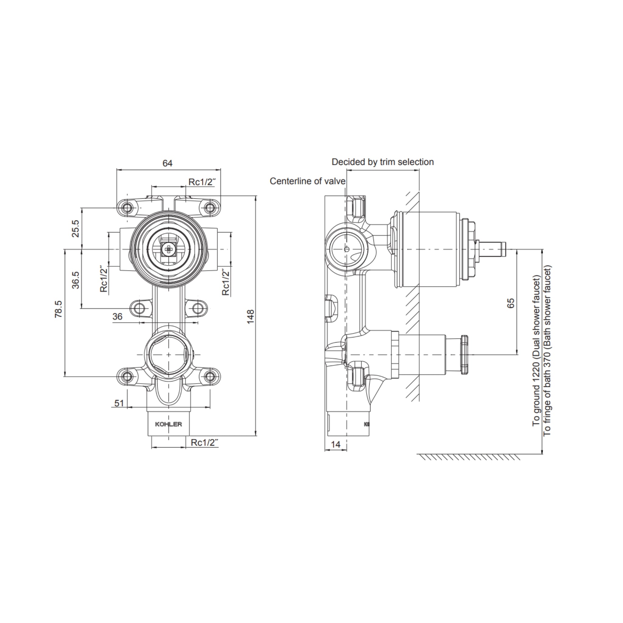 KOHLER COMPONENTS SHOWER / BATH WALL DIVERTER MIXER WITH INDUSTRIAL HANDLE & VALVE COMPLETE KIT CHROME