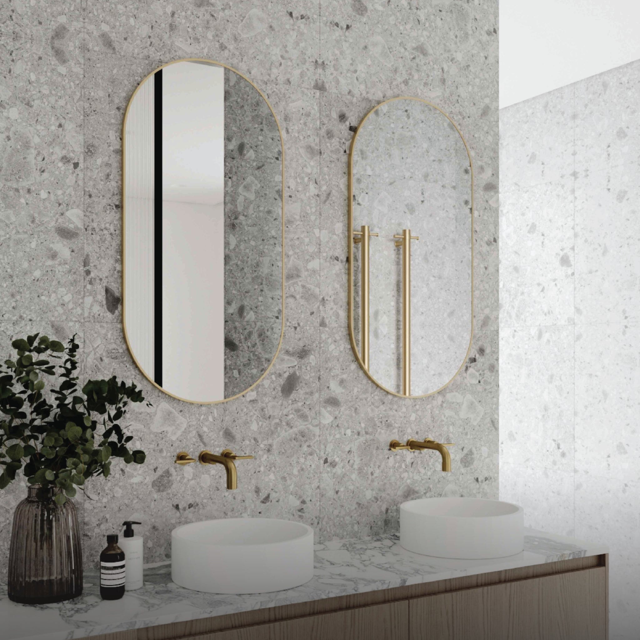 THERMOGROUP ABLAZE PILL GOLD FRAMED MIRROR WITH DEMISTER 500X1000MM