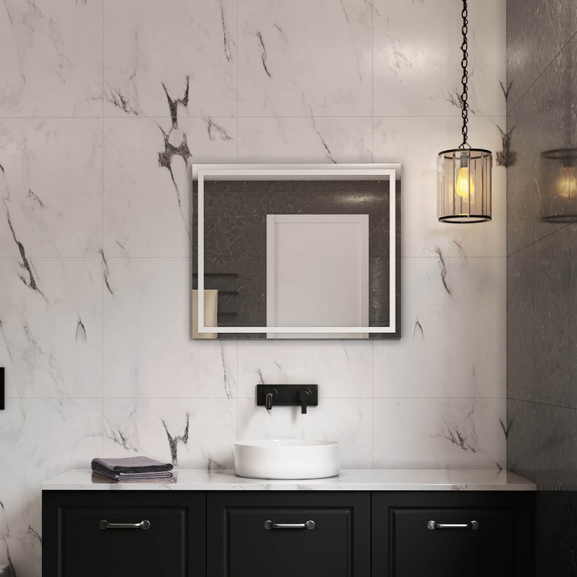 THERMOGROUP ABLAZE RECTANGLE MIRROR SANDBLASTED BORDER WITH DEMISTER 800X1200MM