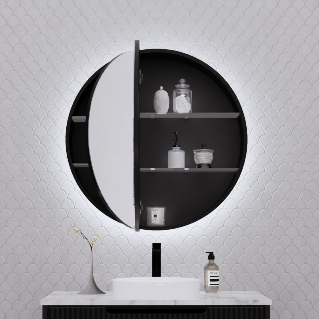 RIVA PARIS MATTE BLACK LED SHAVING CABINET 800X800MM
