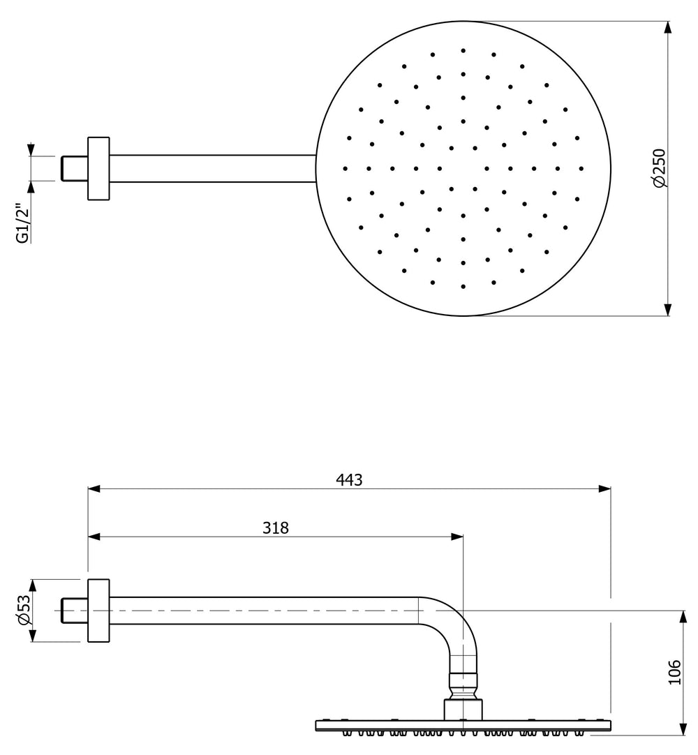 ARMANDO VICARIO PIAZZA HORIZONTAL SHOWER HEAD AND ARM 250MM CHROME