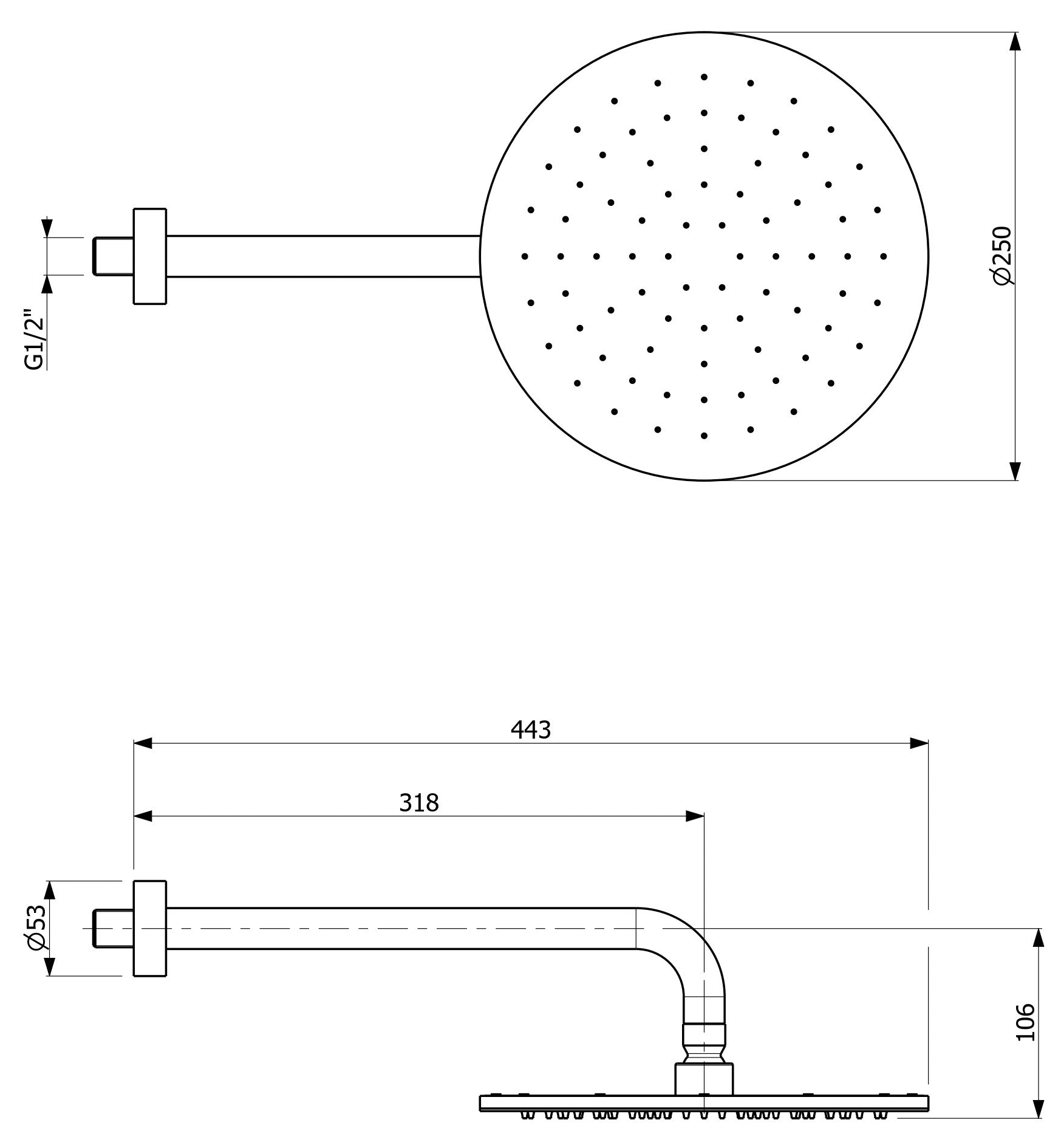 ARMANDO VICARIO PIAZZA HORIZONTAL SHOWER HEAD AND ARM 250MM CHROME