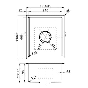 IKON CORA SINGLE BOWL ABOVE / UNDERMOUNT SINK STAINLESS STEEL 340MM