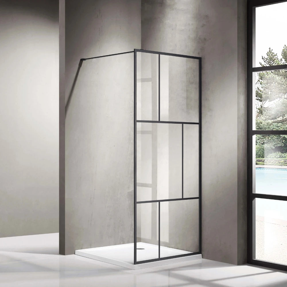 COVEY FRAMED WALK IN SINGLE PANEL WITH SUPPORT BAR SHOWER SCREEN MATTE BLACK