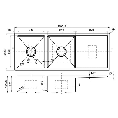 IKON EDEN DOUBLE BOWL SINGLE DRAINER SINK STAINLESS STEEL 1160MM