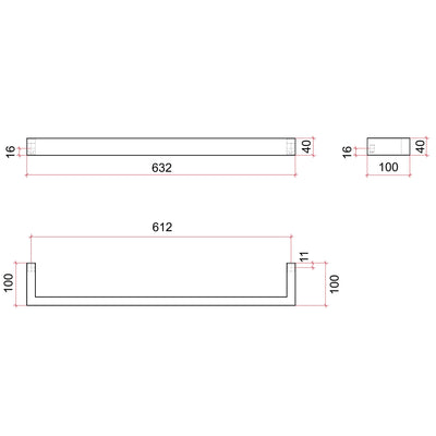 THERMOGROUP SQUARE SINGLE BAR HEATED TOWEL RAIL 632MM BRUSHED STAINLESS STEEL