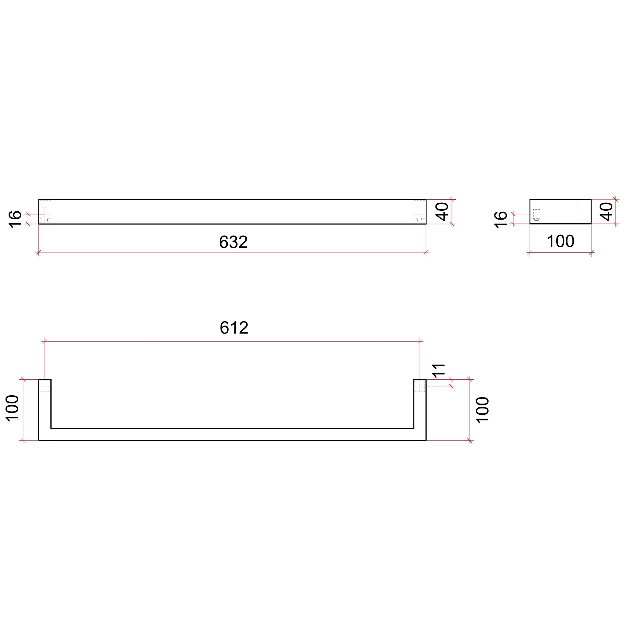 THERMOGROUP SQUARE SINGLE BAR HEATED TOWEL RAIL 632MM MATTE BLACK