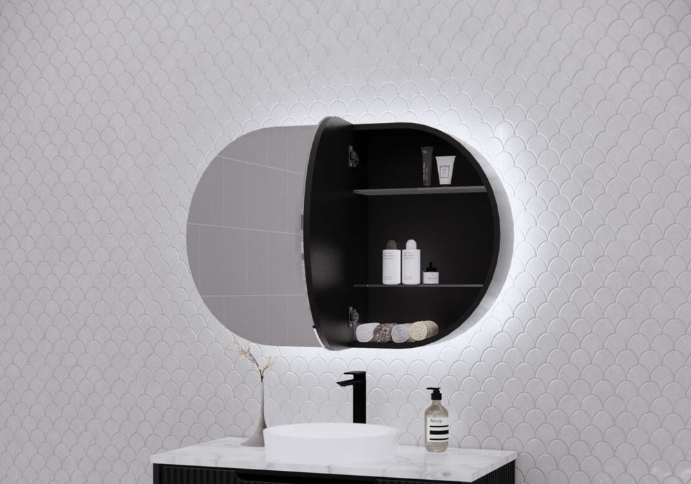 RIVA PARIS MATTE BLACK LED SHAVING CABINET 870X600MM