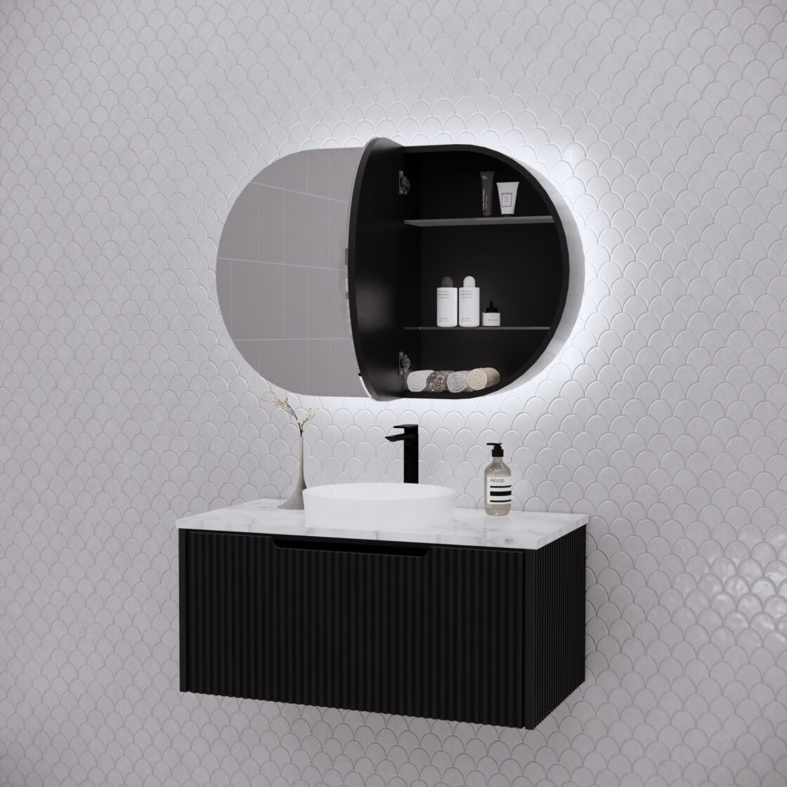 RIVA PARIS MATTE BLACK LED SHAVING CABINET 870X600MM