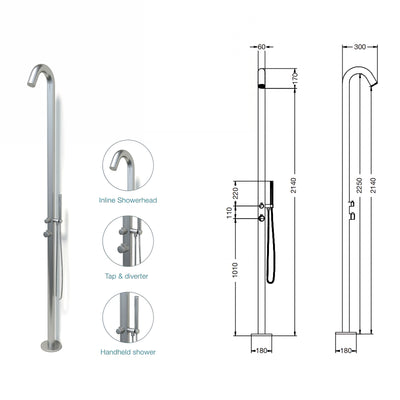 RAINWARE MAROUBRA FREESTANDING OUTDOOR HOT AND COLD SHOWER AND HANDHELD STAINLESS STEEL