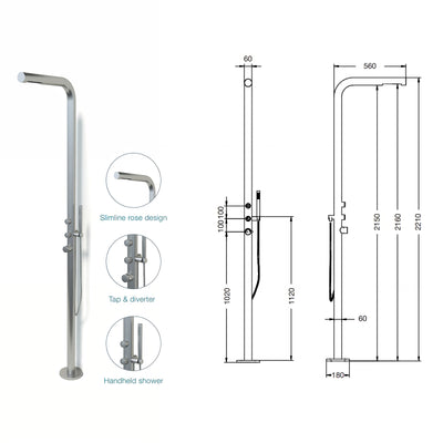 RAINWARE AVOCA FREESTANDING OUTDOOR HOT AND COLD SHOWER AND HANDHELD STAINLESS STEEL