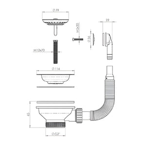 TURNER HASTINGS BASKET WASTE WITH OVERFLOW KIT AND LONG SCREW 90MM POLISHED STAINLESS STEEL
