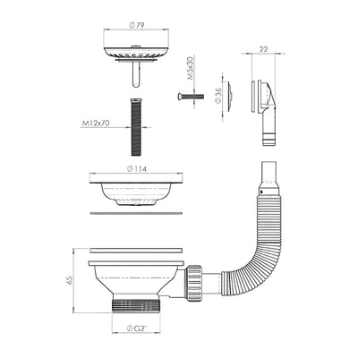 TURNER HASTINGS BASKET WASTE WITH OVERFLOW KIT AND LONG SCREW 90MM POLISHED STAINLESS STEEL