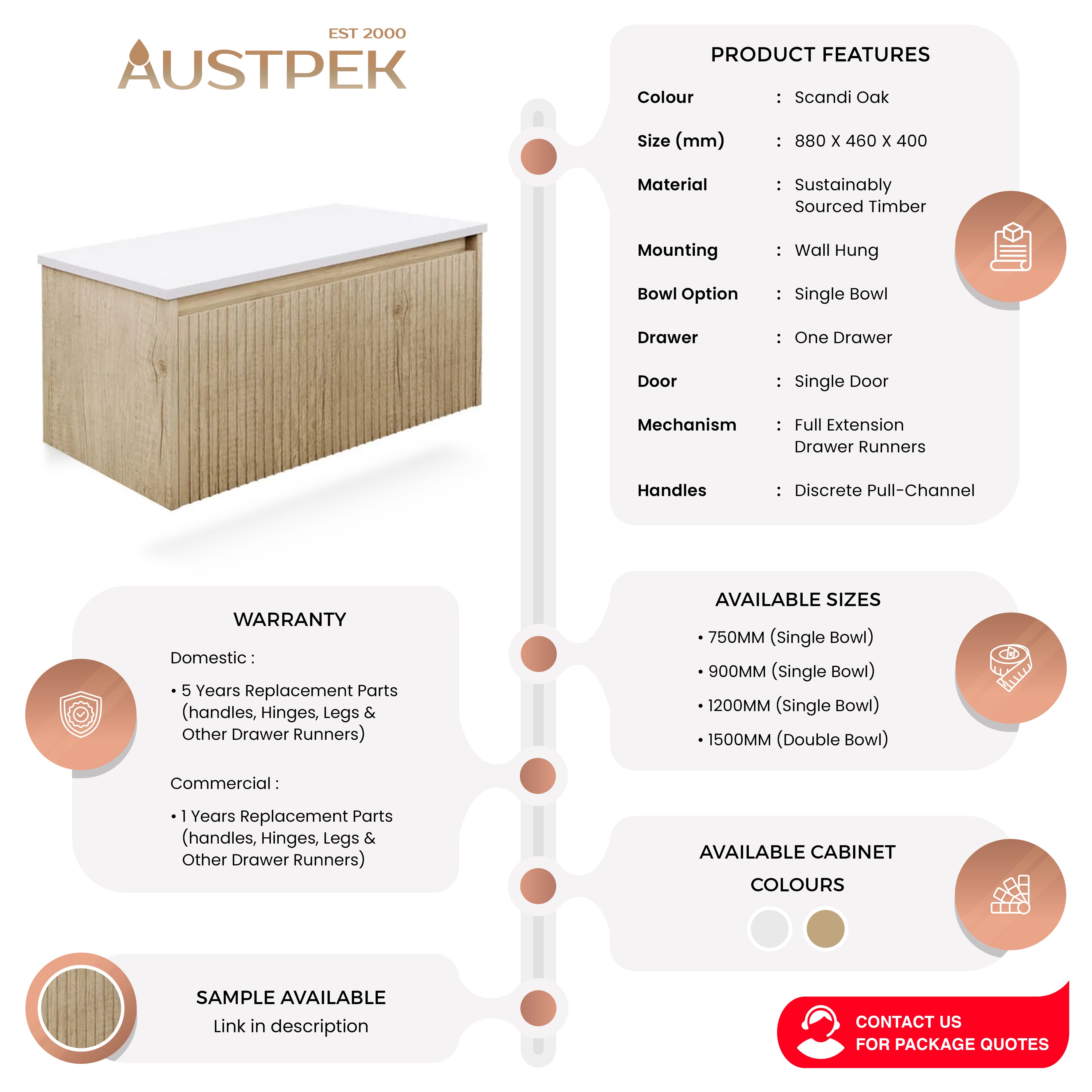 FIENZA ALINA SCANDI OAK 900MM SINGLE BOWL WALL HUNG VANITY