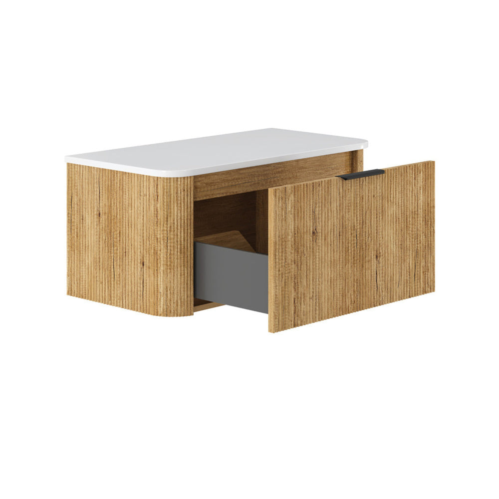 FIENZA MINKA SCANDI OAK FLUTED 900MM CURVE SINGLE BOWL WALL HUNG VANITY
