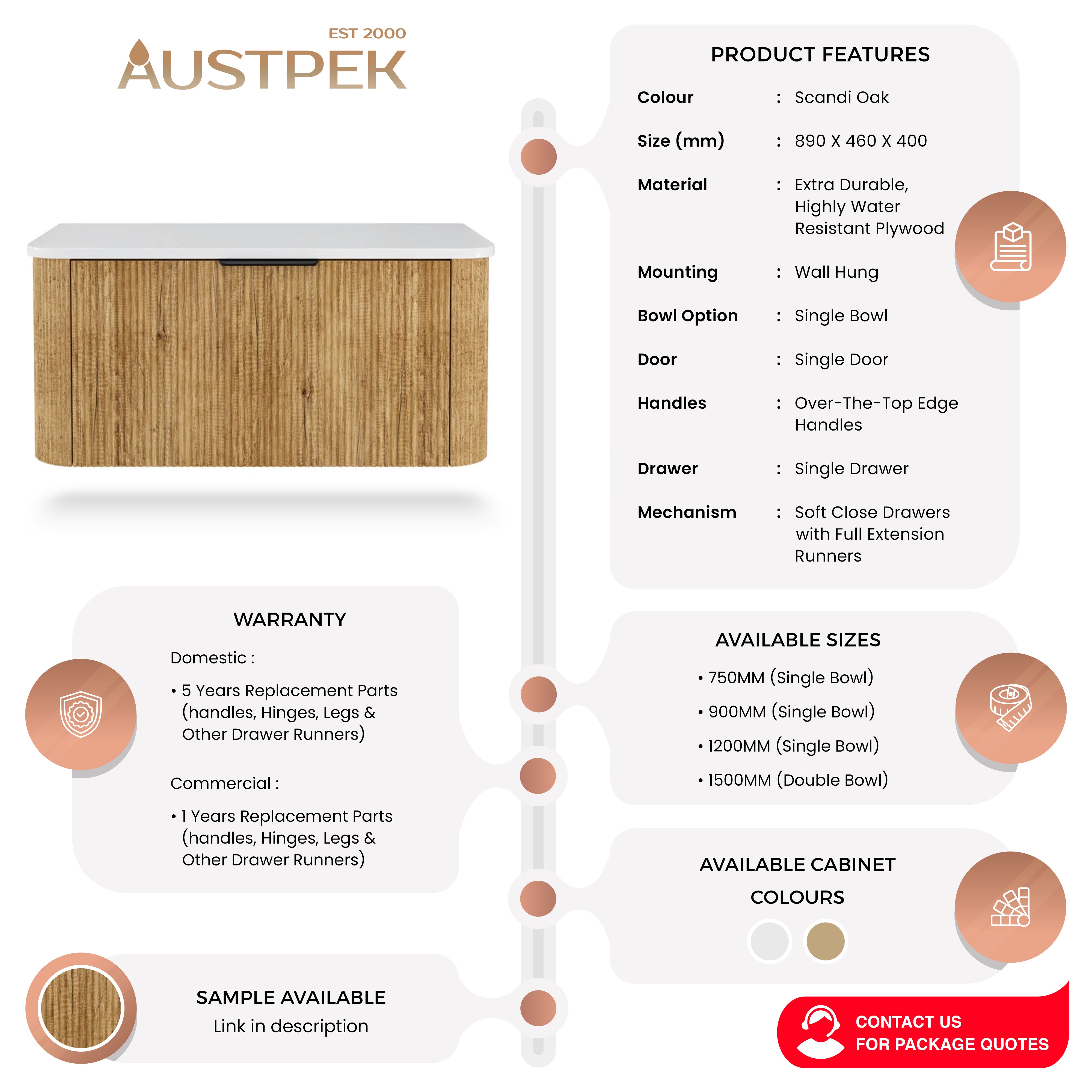 FIENZA MINKA SCANDI OAK 900MM SINGLE BOWL WALL HUNG VANITY