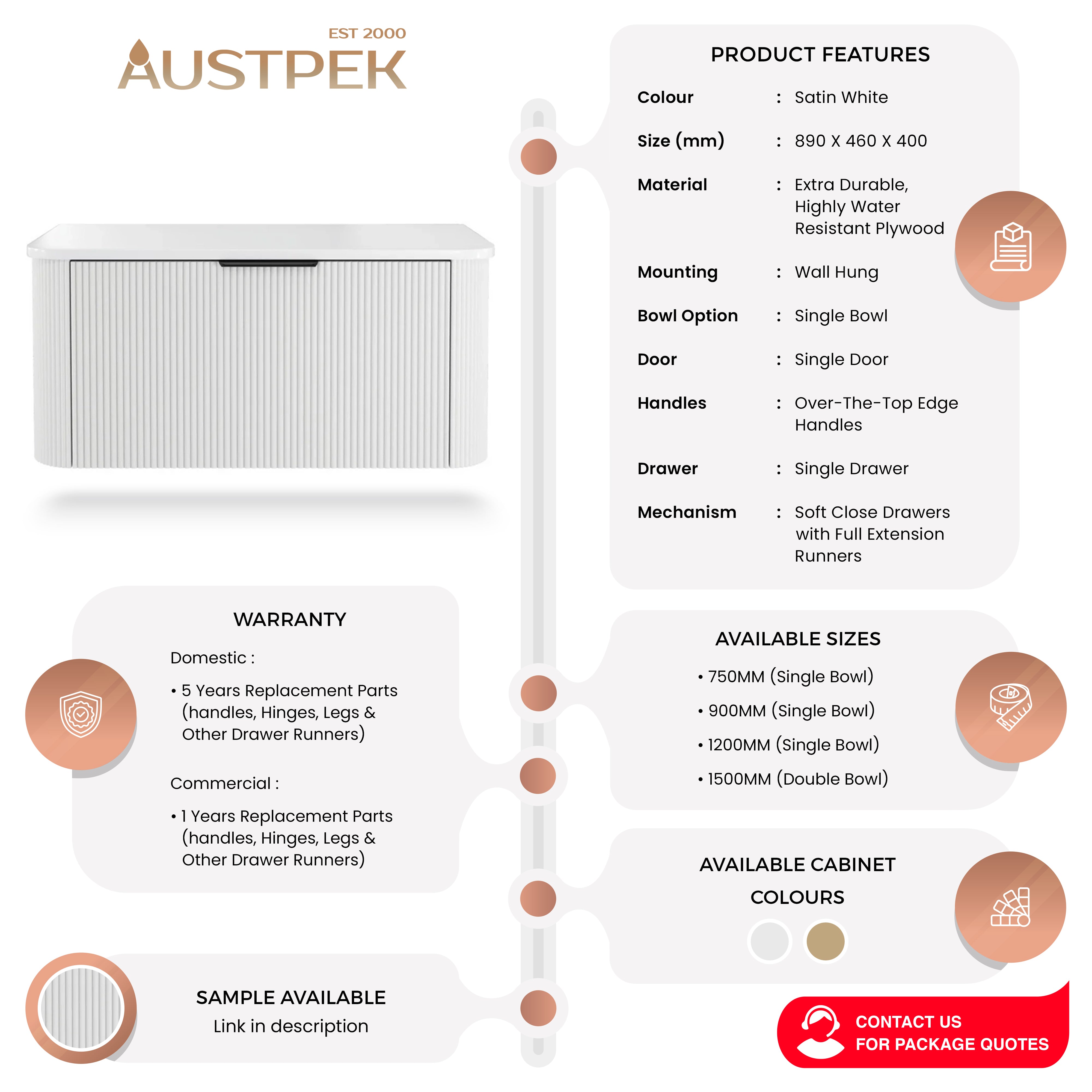 FIENZA MINKA SATIN WHITE 900MM SINGLE BOWL WALL HUNG VANITY