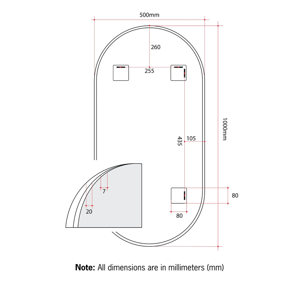 THERMOGROUP ABLAZE PILL BLACK FRAMED MIRROR WITH DEMISTER 500X1000MM