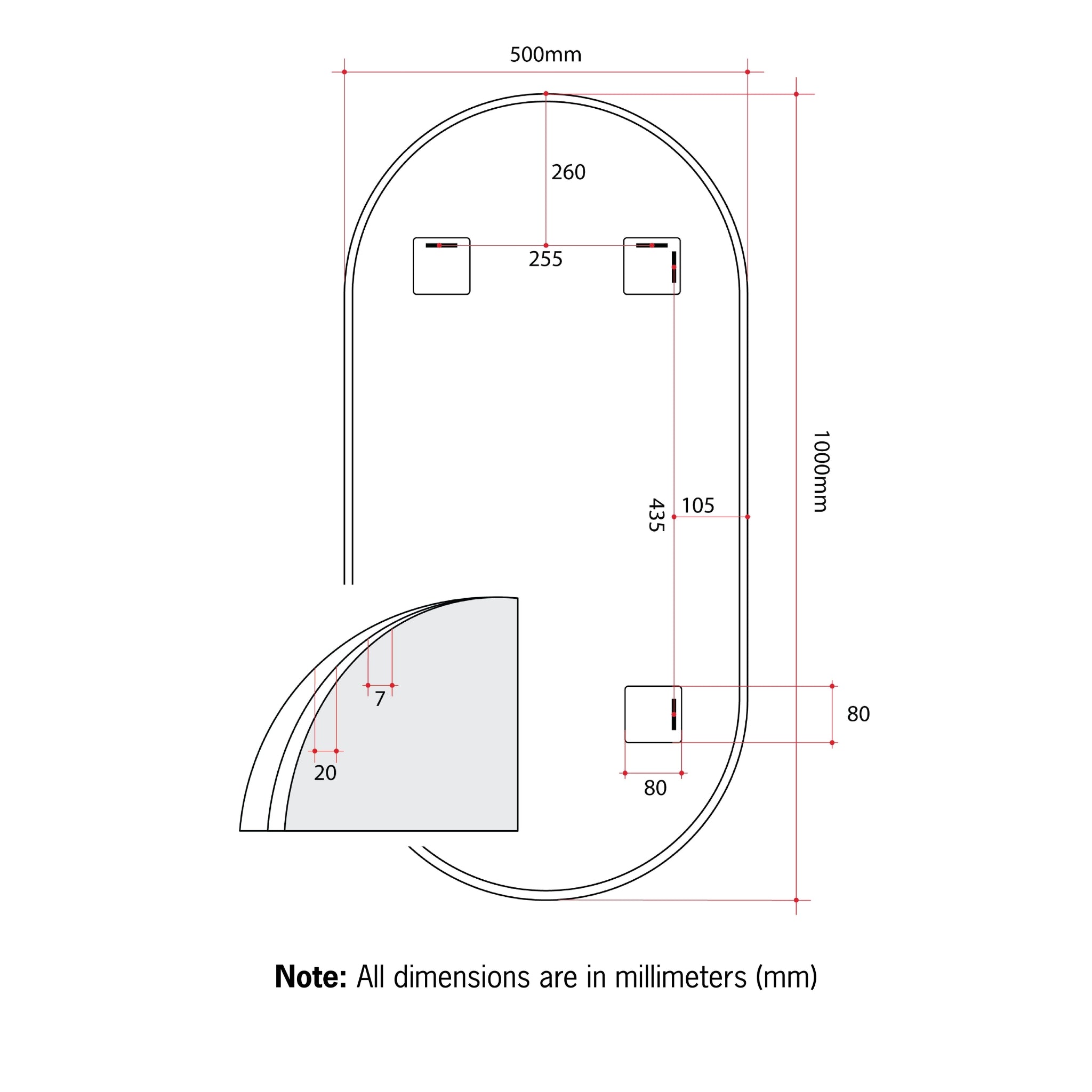 THERMOGROUP ABLAZE PILL BLACK FRAMED MIRROR 500X1000MM