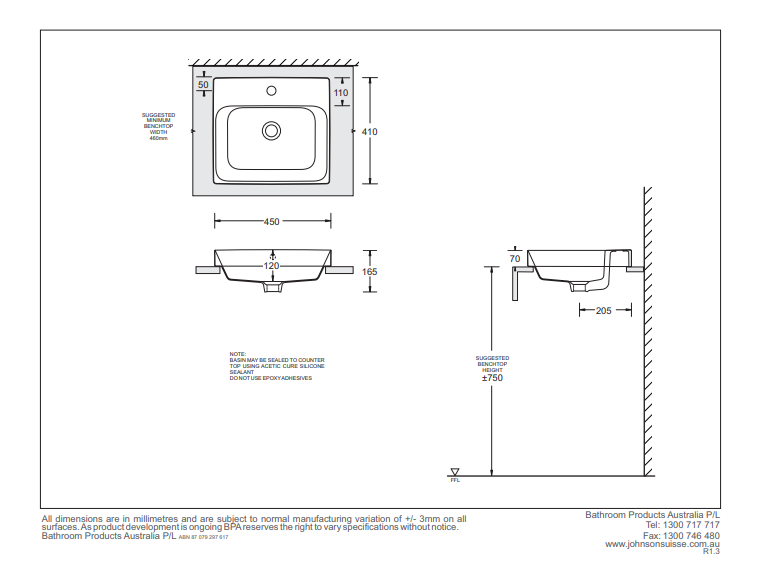 JOHNSON SUISSE GEMELLI RECTANGLE SEMI-INSET BASIN WHITE 450MM