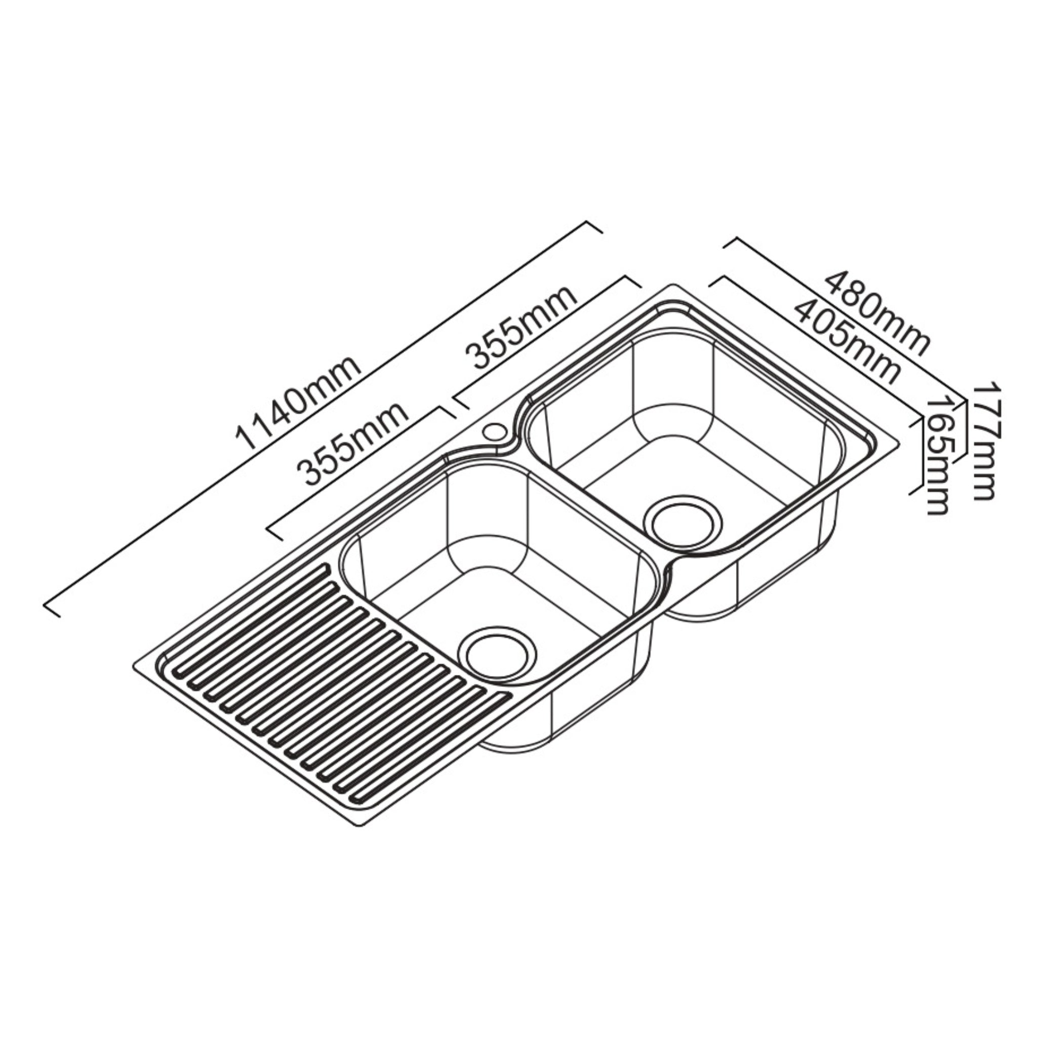 ABEY ENTRY RIGHT HAND DOUBLE BOWL KITCHEN SINK WITH DRAINER STAINLESS STEEL 1140MM