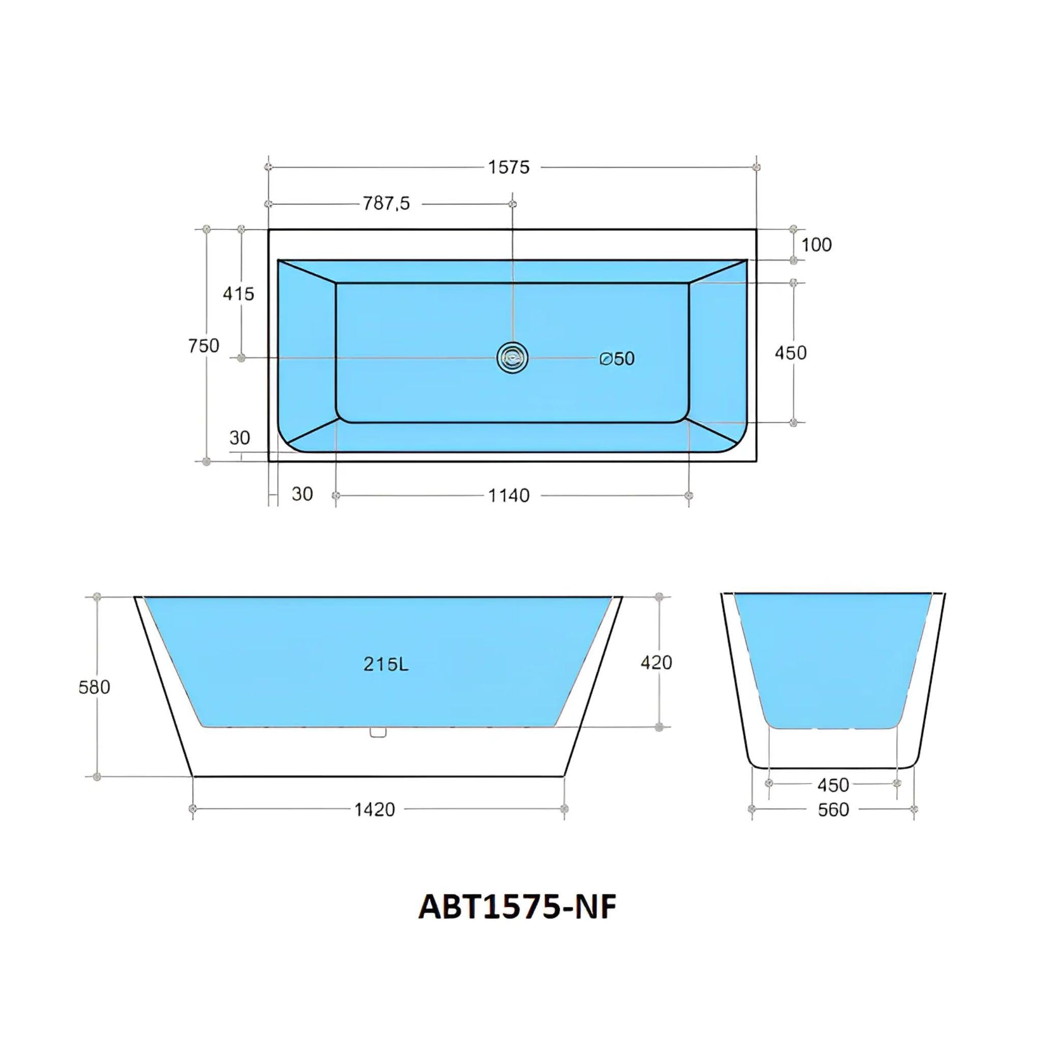 POSEIDON AVIS BACK TO WALL NF BATHTUB GLOSS WHITE (AVAILABLE IN 1575MM AND 1700MM)