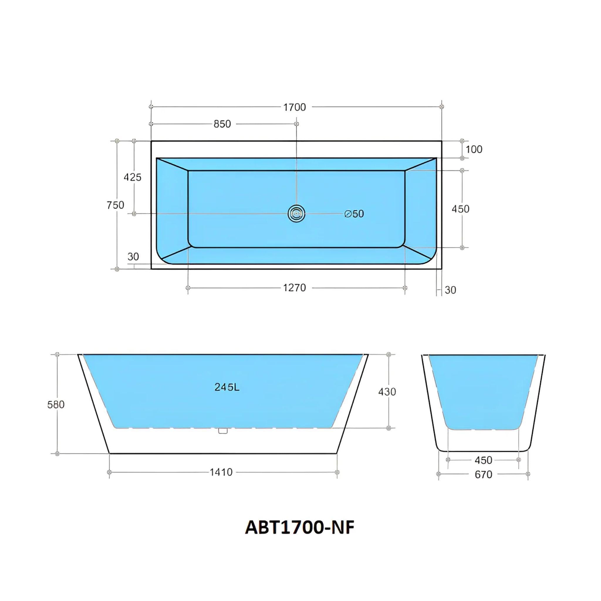 POSEIDON AVIS BACK TO WALL NF BATHTUB GLOSS WHITE (AVAILABLE IN 1575MM AND 1700MM)