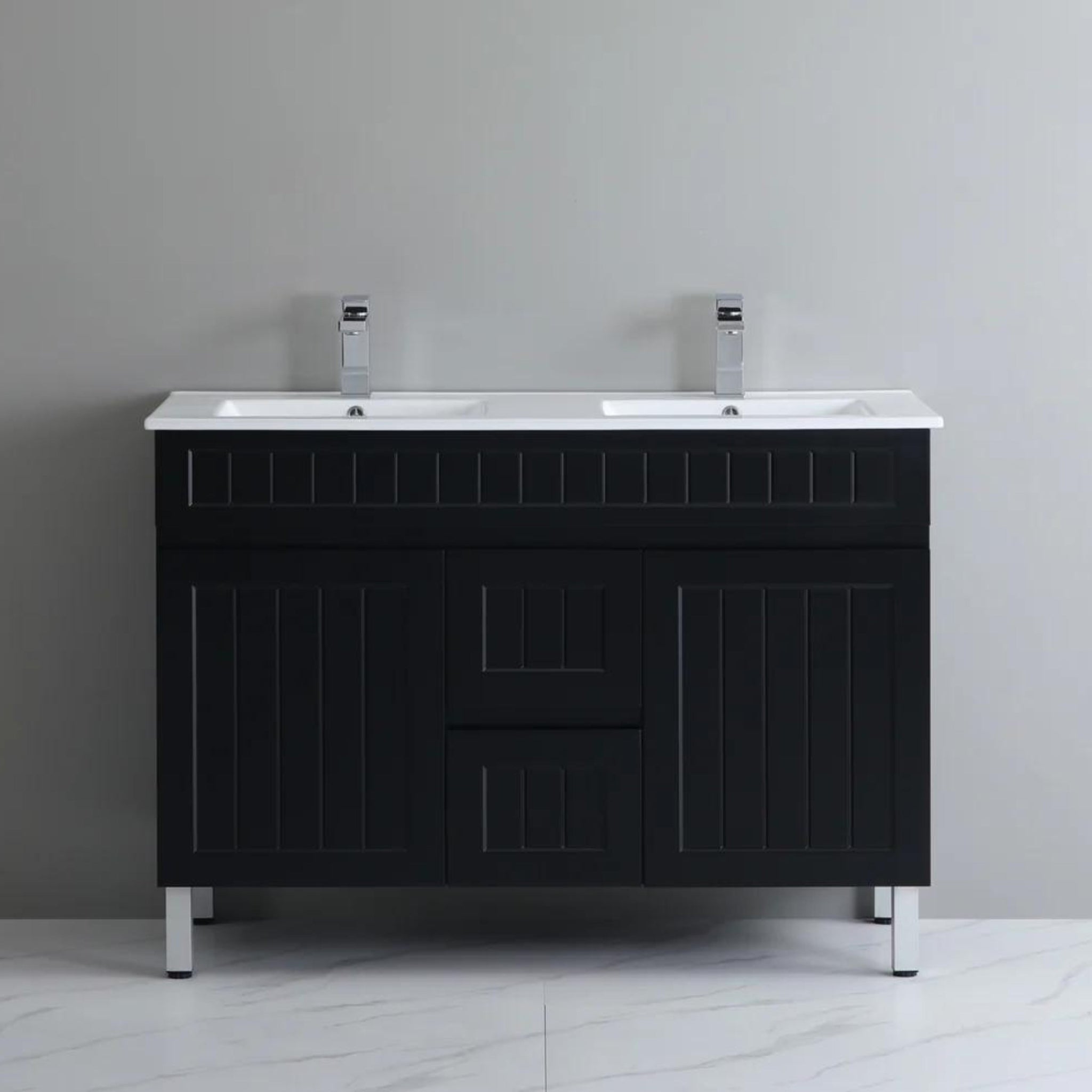 CETO ACACIA SHAKER MATTE BLACK 1200MM DOUBLE BOWL FLOOR STANDING VANITY