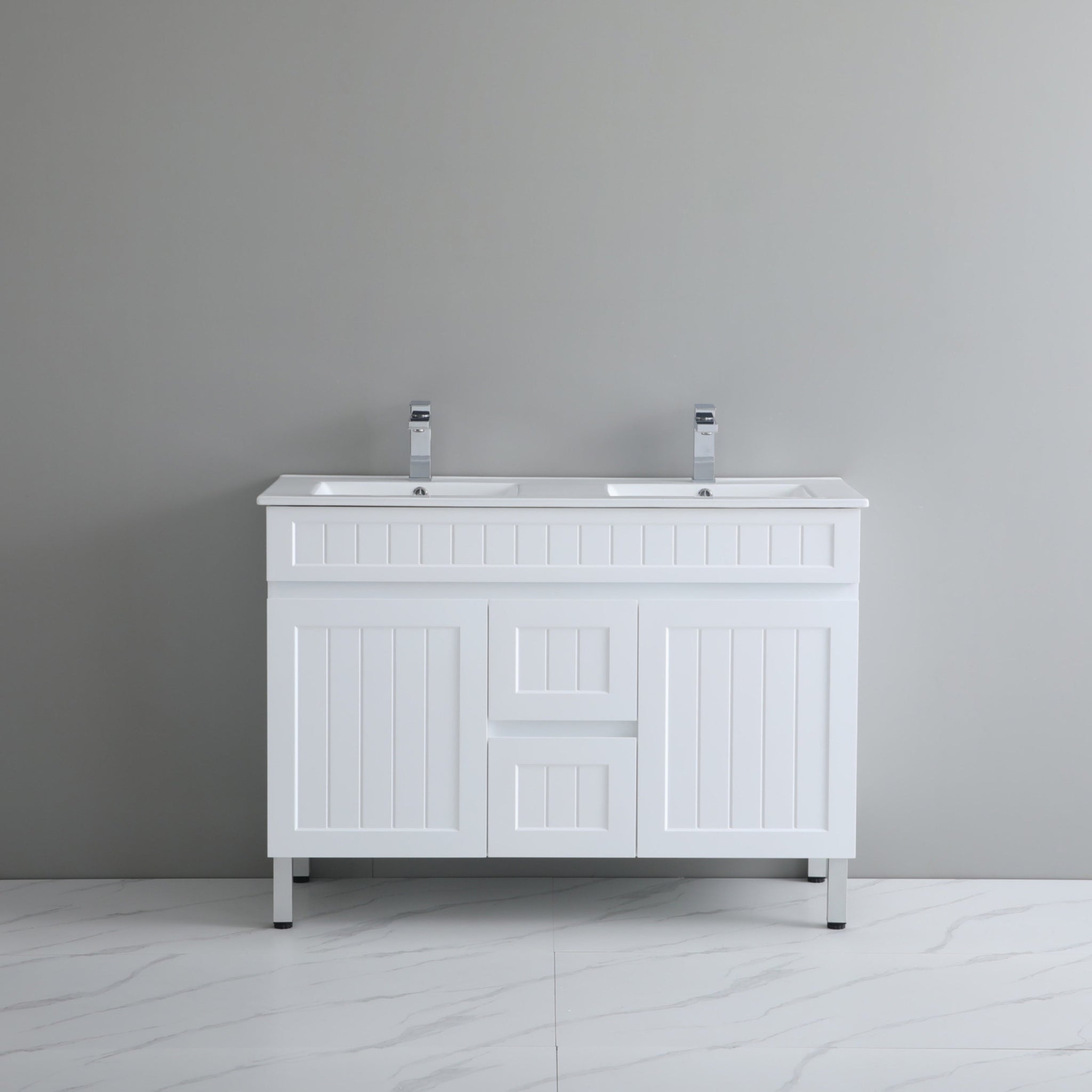 CETO ACACIA SHAKER MATTE WHITE 1200MM DOUBLE BOWL FLOOR STANDING VANITY