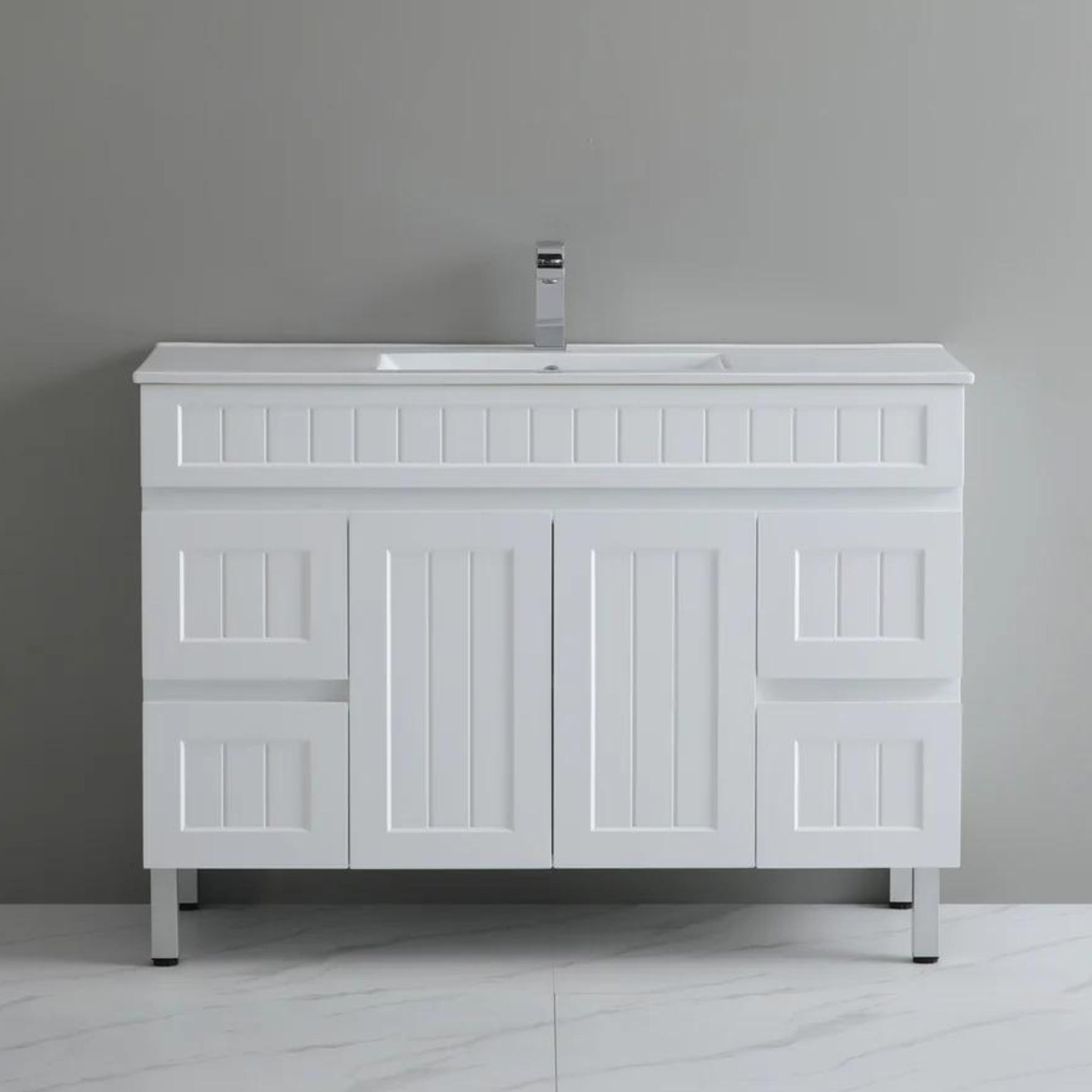 CETO ACACIA SHAKER MATTE WHITE 1200MM SINGLE BOWL FLOOR STANDING VANITY