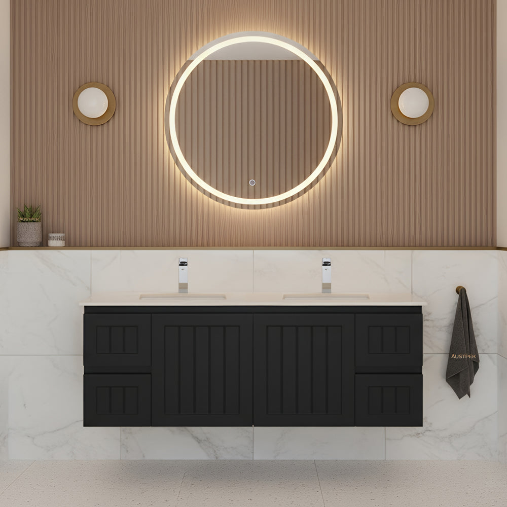 CETO ACACIA SHAKER MATTE BLACK 1500MM DOUBLE BOWL WALL HUNG VANITY