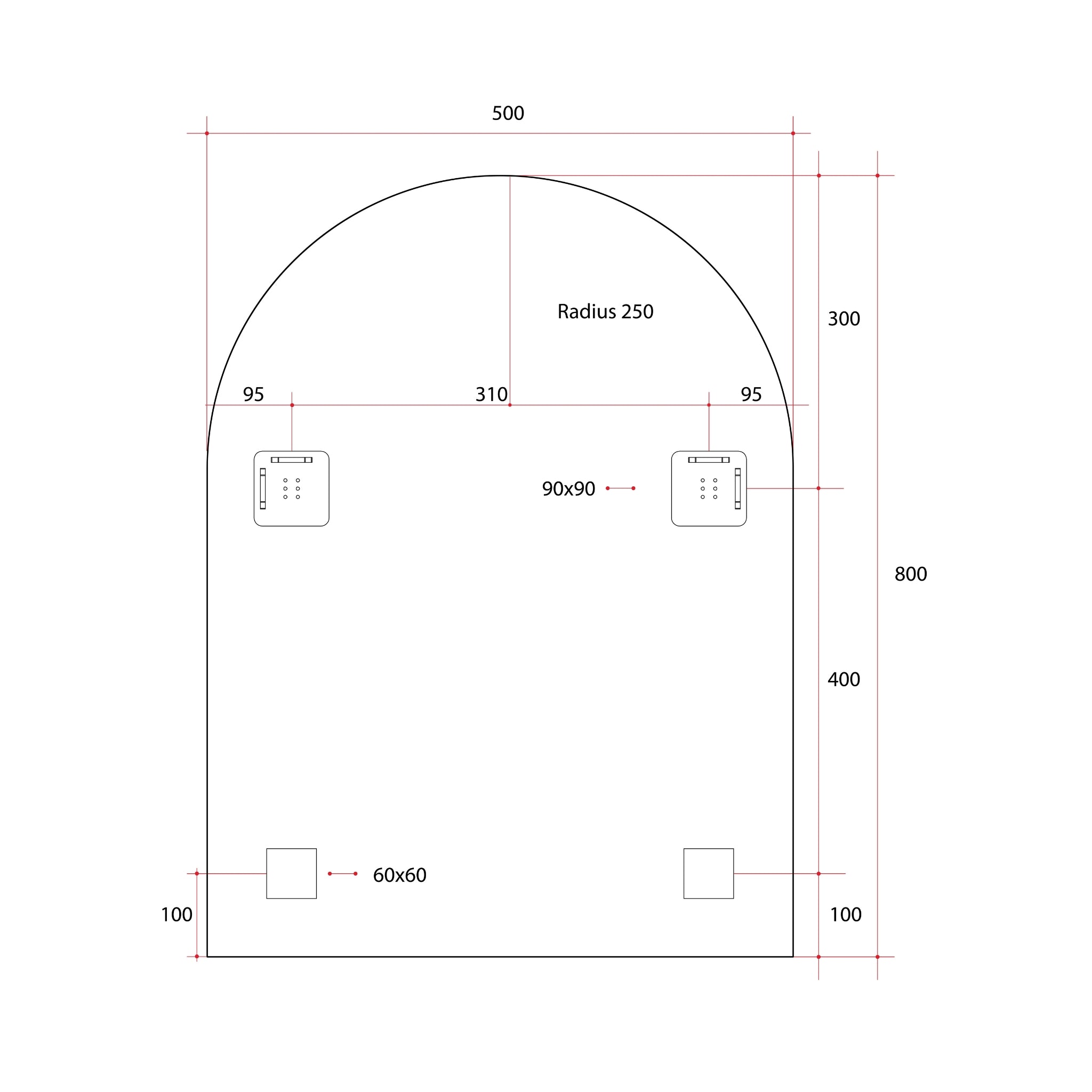 THERMOGROUP ABLAZE ARCH SHAPE MIRROR WITH HANGERS INCLUDING DEMISTER 500X800MM