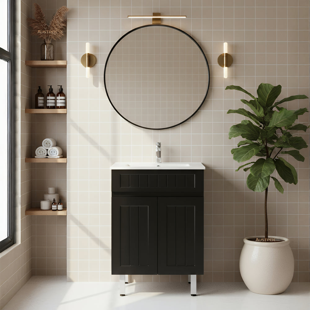 CETO ACACIA SHAKER MATTE BLACK 600MM SINGLE BOWL FLOOR STANDING VANITY