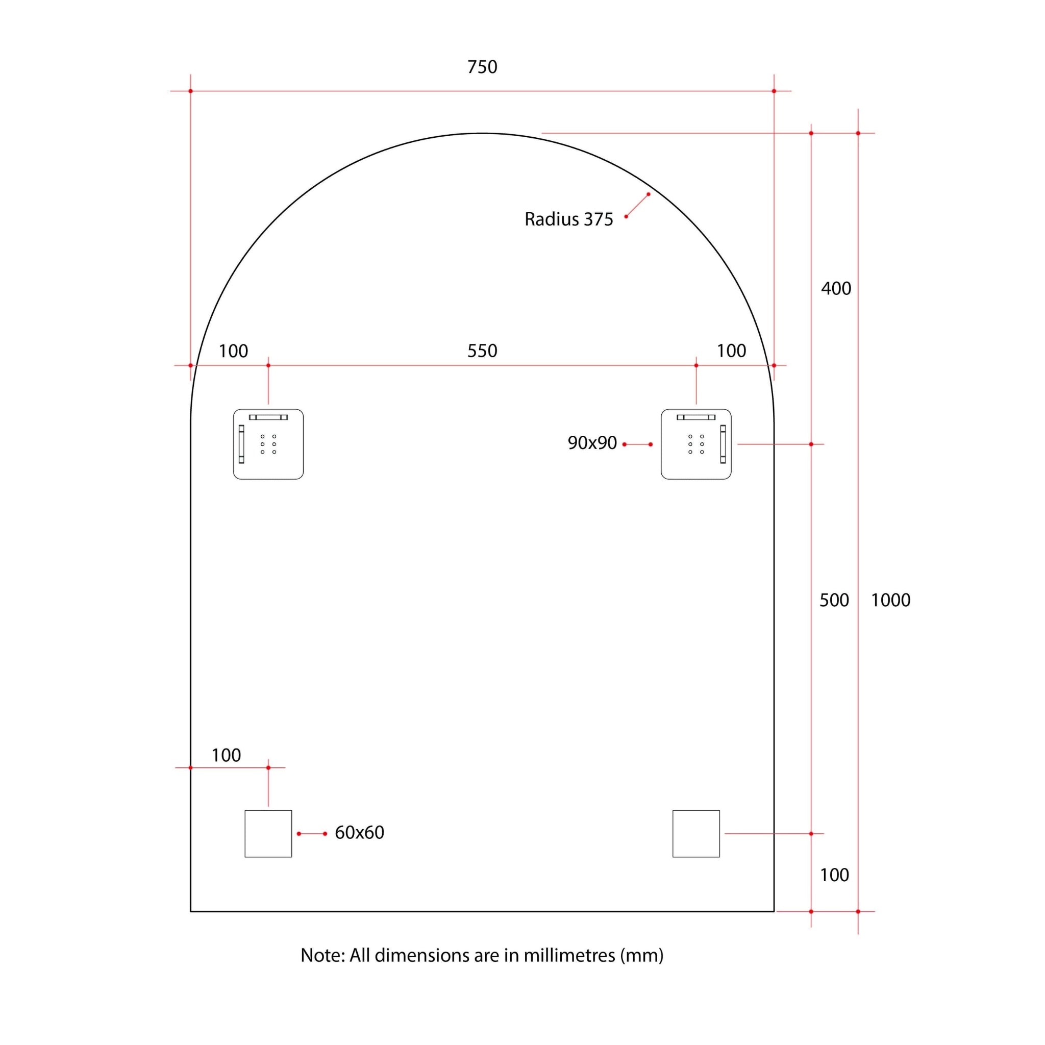 THERMOGROUP ABLAZE ARCH SHAPE POLISHED EDGE MIRROR WITH HANGERS 750X1000MM
