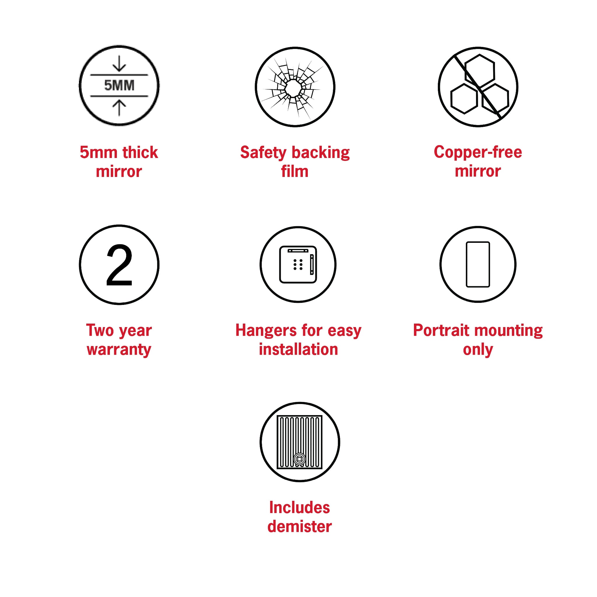 THERMOGROUP ABLAZE ARCH SHAPE MIRROR WITH HANGERS INCLUDING DEMISTER 750X1000MM