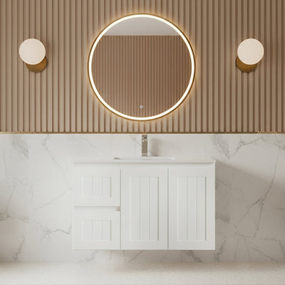CETO ACACIA SHAKER MATTE WHITE 900MM SINGLE BOWL WALL HUNG VANITY (AVAILABLE IN LEFT AND RIGHT HAND DRAWER)