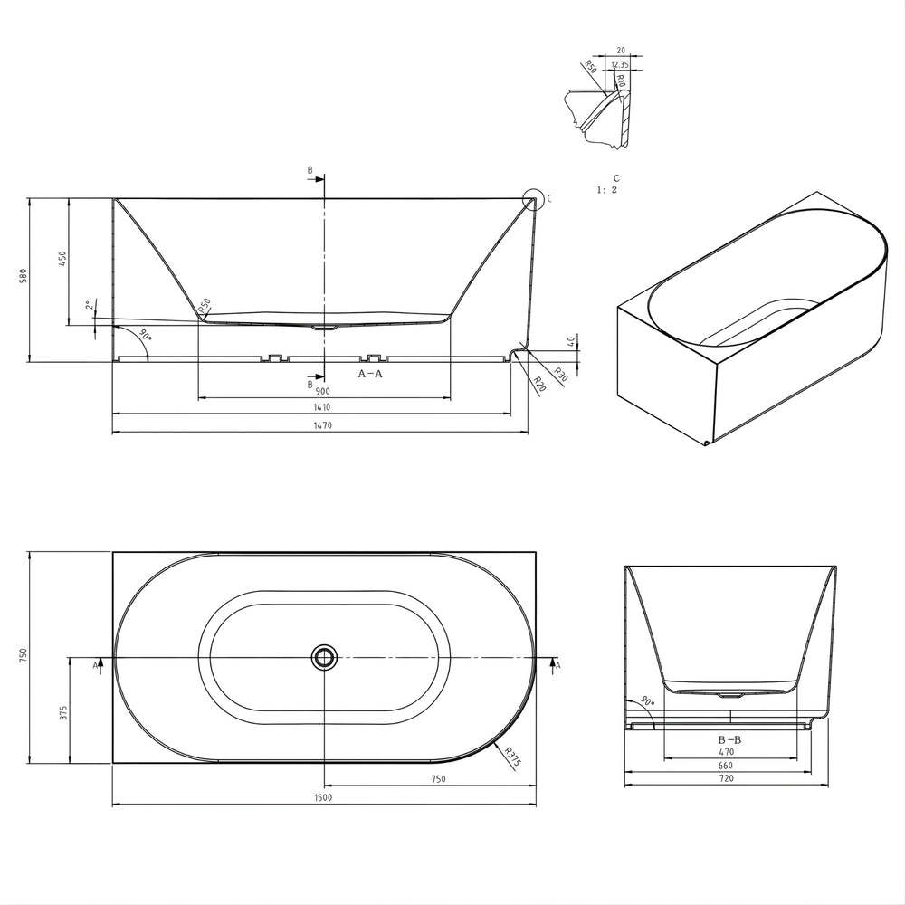 ATTICA CELINE LEFT CORNER BATHTUB WITH OVERFLOW MATTE WHITE (AVAILABLE IN 1500MM AND 1700MM)
