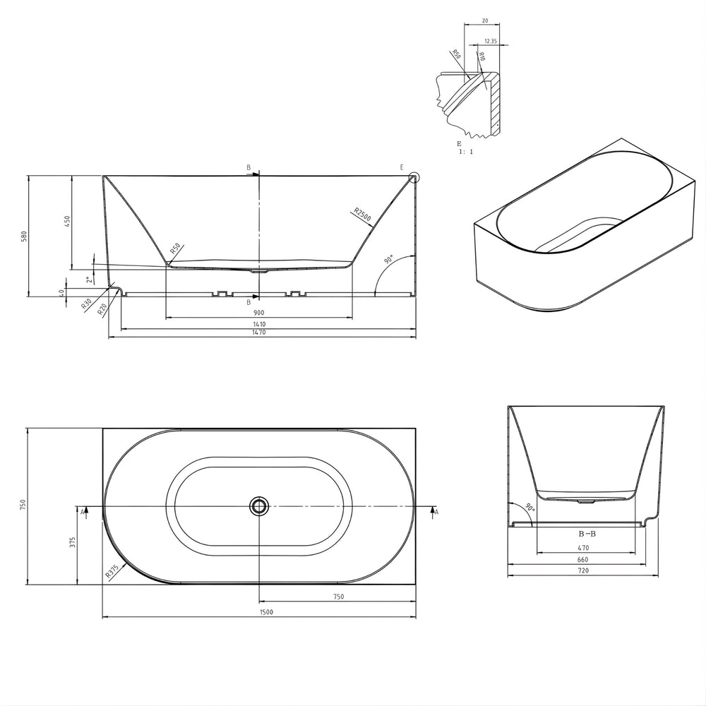 ATTICA CELINE RIGHT CORNER BATHTUB WITH OVERFLOW MATTE WHITE (AVAILABLE IN 1500MM AND 1700MM)