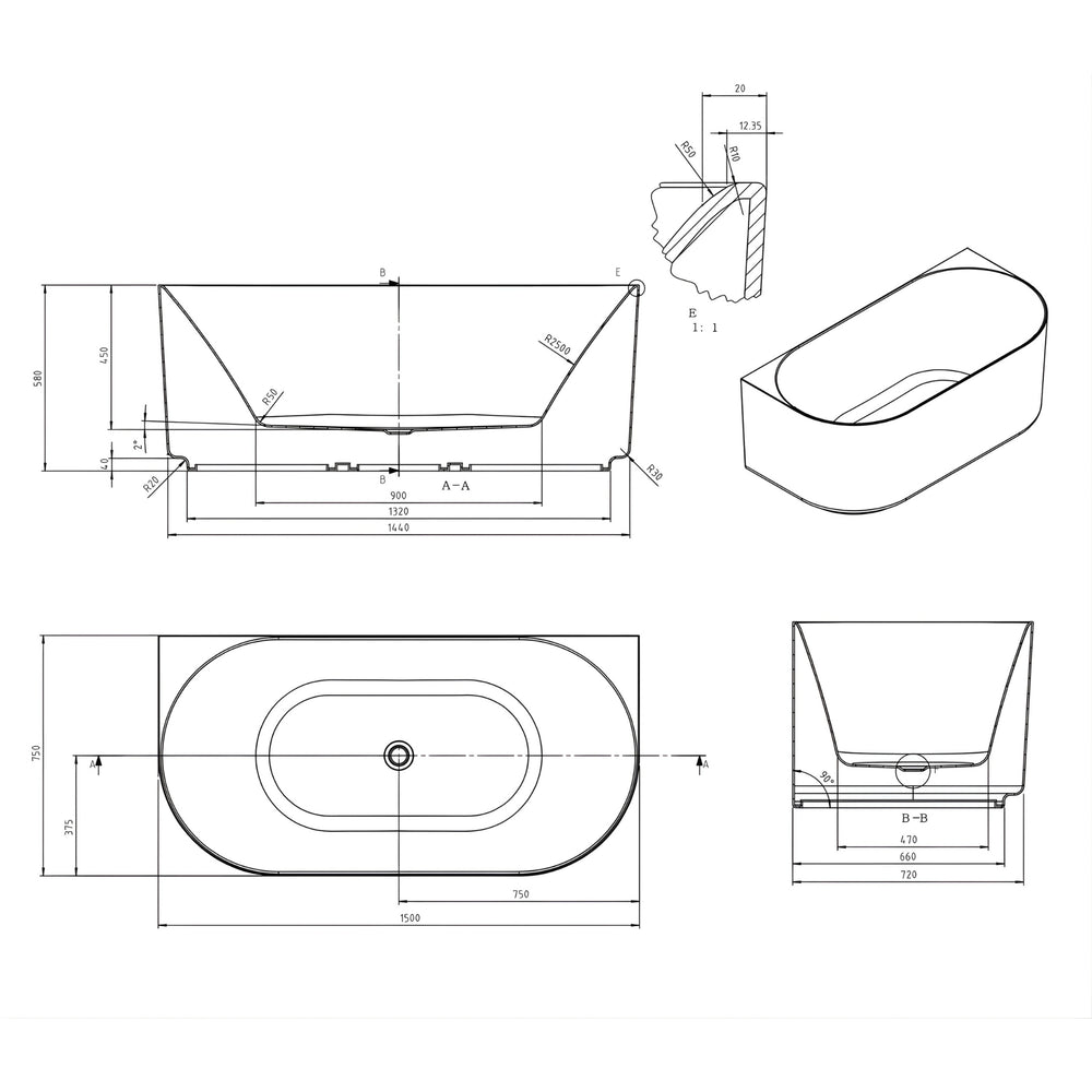 ATTICA CELINE BACK TO WALL BATHTUB WITH OVERFLOW MATTE WHITE (AVAILABLE IN 1500MM AND 1700MM)