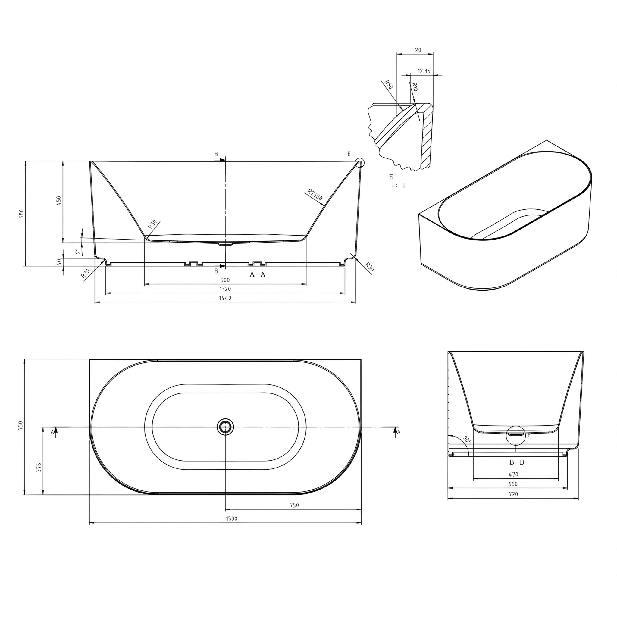 ATTICA CELINE BACK TO WALL BATHTUB WITH OVERFLOW MATTE WHITE (AVAILABLE IN 1500MM AND 1700MM)