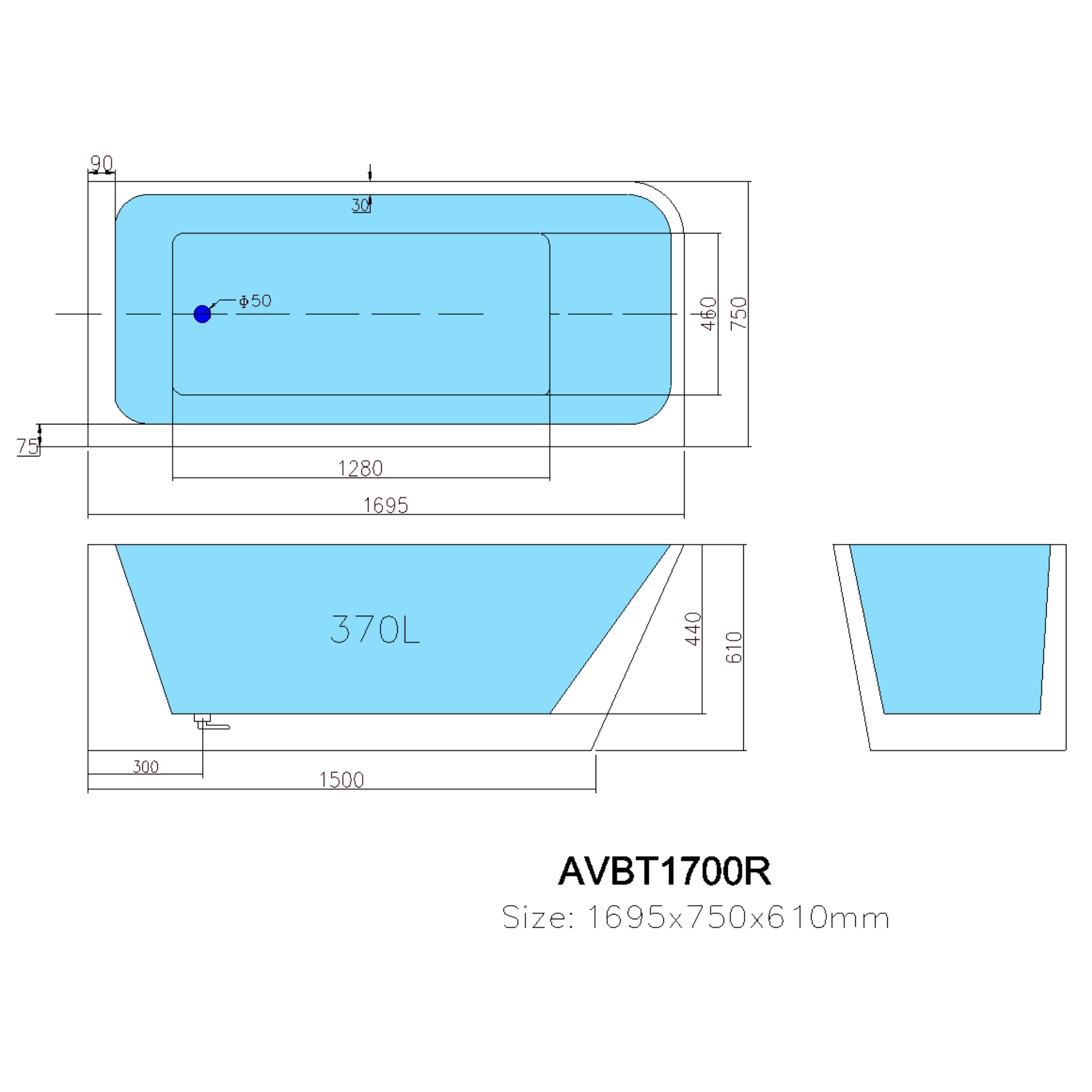 POSEIDON AVIS RIGHT CORNER BACK TO WALL BATHTUB GLOSS WHITE (AVAILABLE IN 1500MM AND 1700MM)