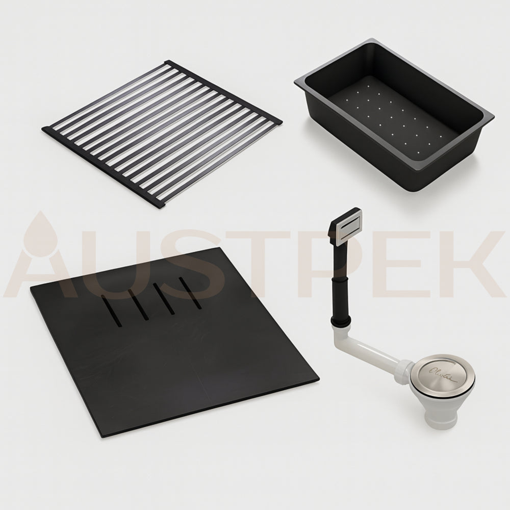 OLIVERI SANTORINI SINGLE BOWL TOPMOUNT WORKSTATION KITCHEN SINK WITH OVERFLOW BLACK 860MM