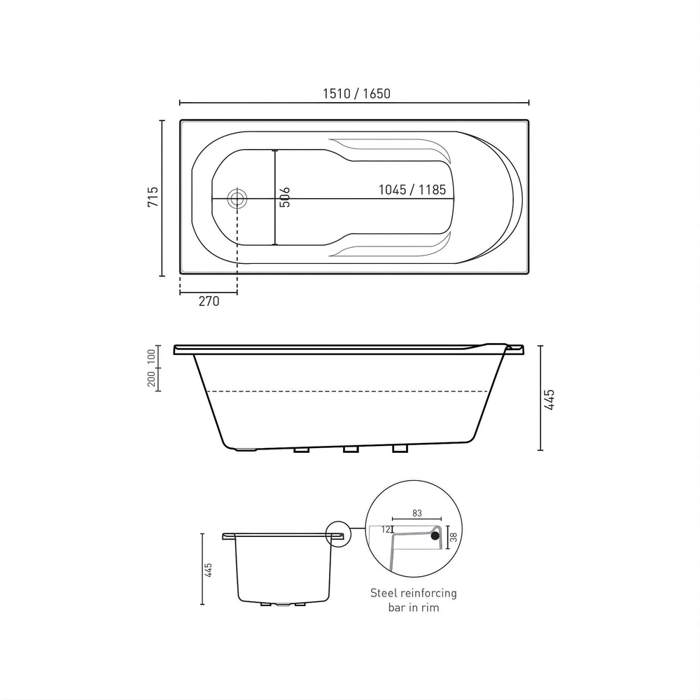 DECINA ADATTO INSET CONTOUR SPA BATH GLOSS WHITE (AVAILABLE IN 1510MM AND 1650MM) WITH 12-JETS