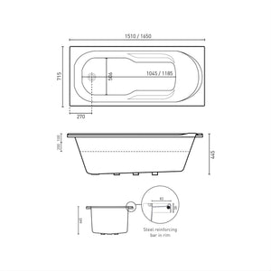 DECINA ADATTO INSET CONTOUR SPA BATH GLOSS WHITE (AVAILABLE IN 1510MM AND 1650MM) WITH 12-JETS