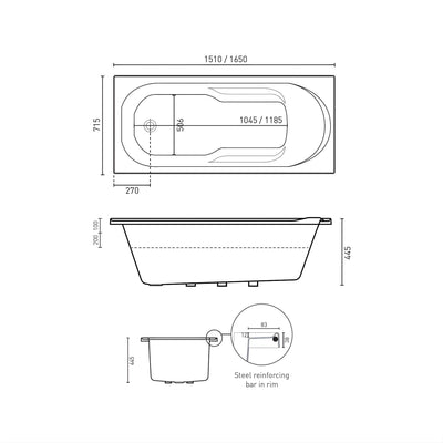 DECINA ADATTO INSET CONTOUR SPA BATH GLOSS WHITE (AVAILABLE IN 1510MM AND 1650MM) WITH 12-JETS