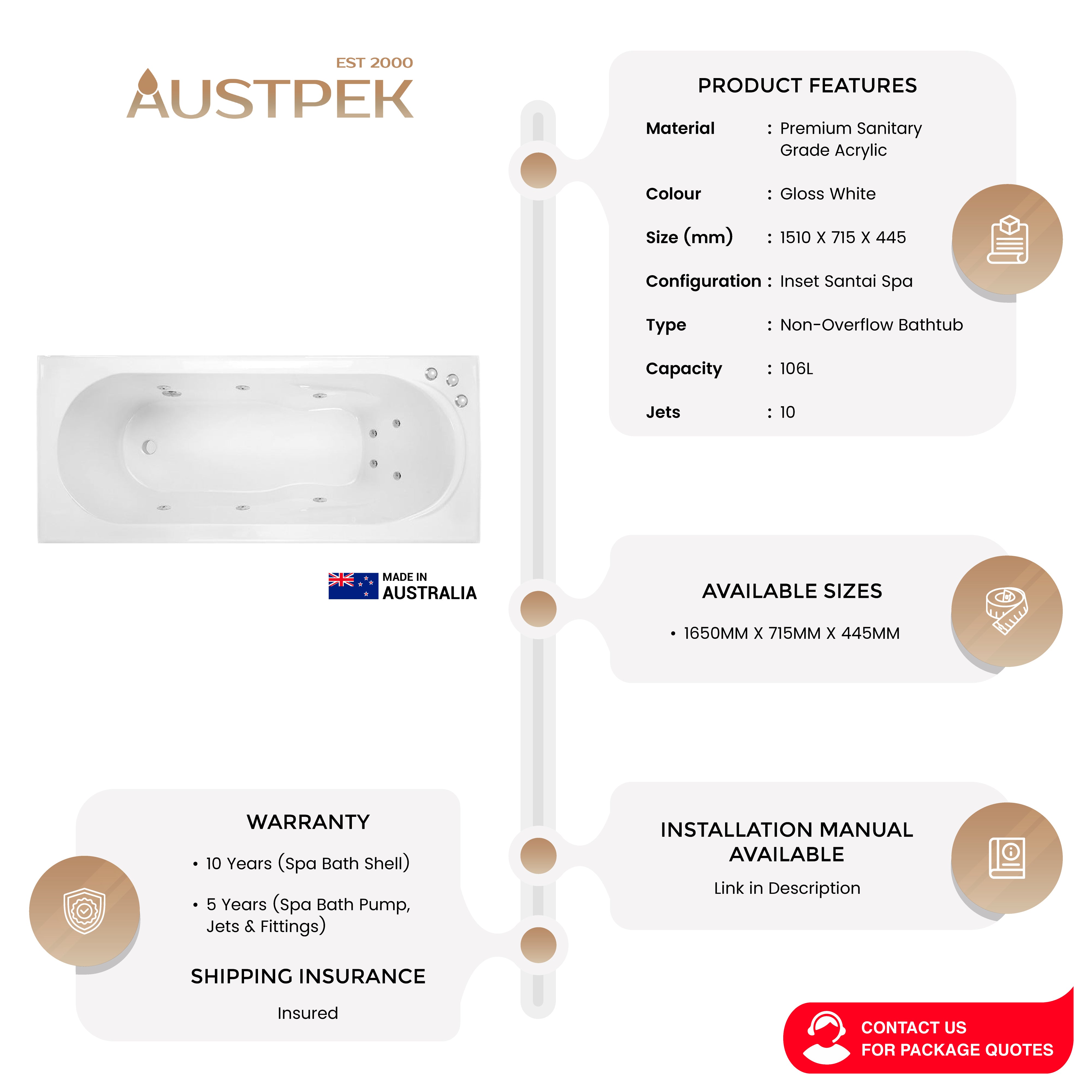 DECINA ADATTO INSET SANTAI SPA BATH GLOSS WHITE (AVAILABLE IN 1510MM AND 1650MM) WITH 10-JETS