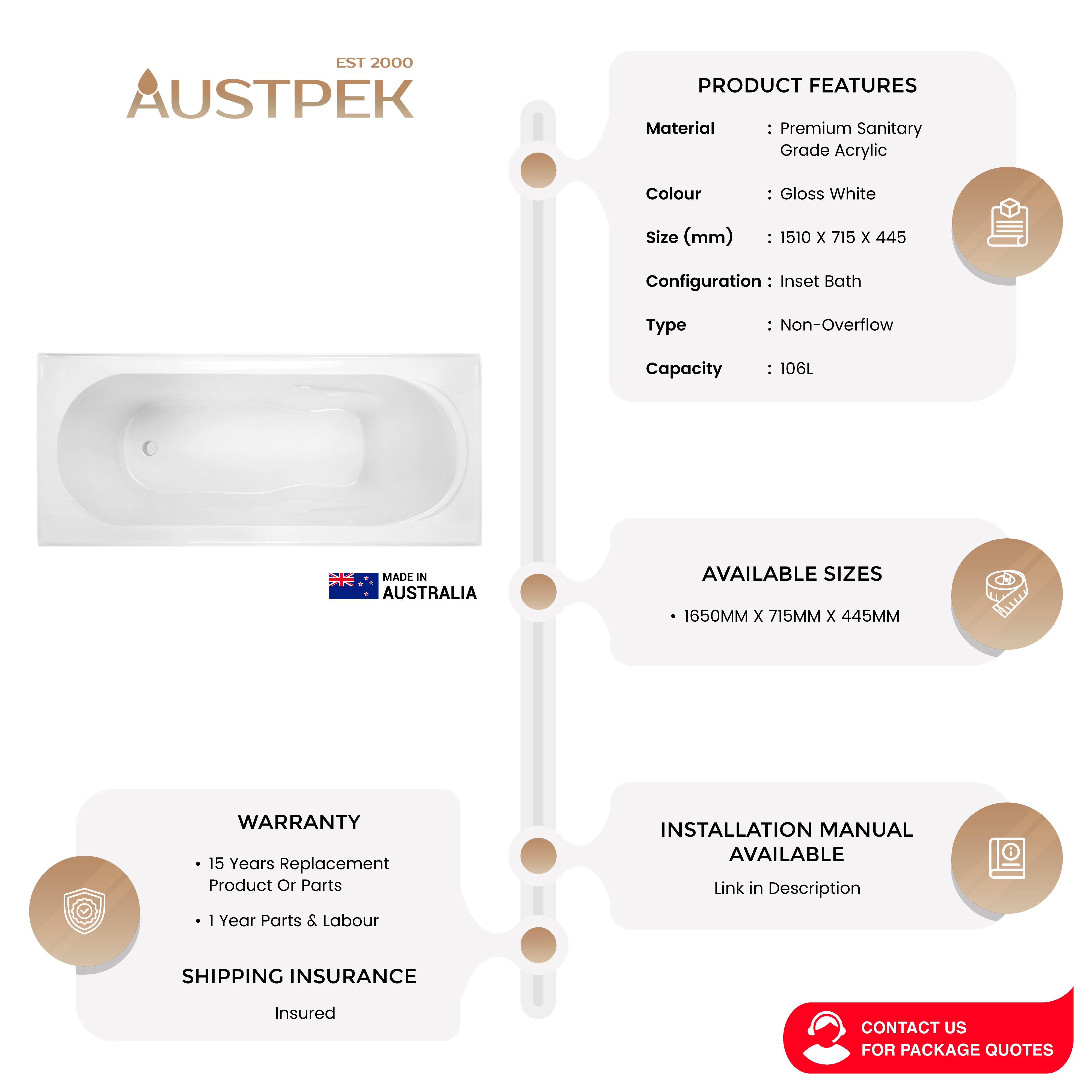 DECINA ADATTO INSET BATH GLOSS WHITE (AVAILABLE IN 1510MM AND 1650MM)